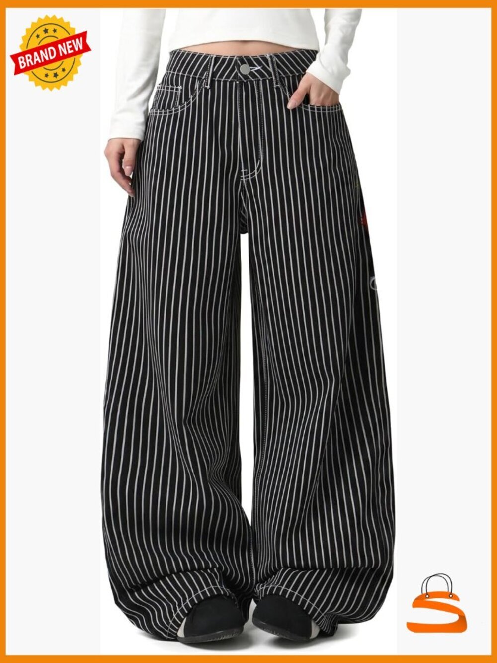 High Waisted Wide Leg Baggy Jeans Striped Y2K Streetwear Denim